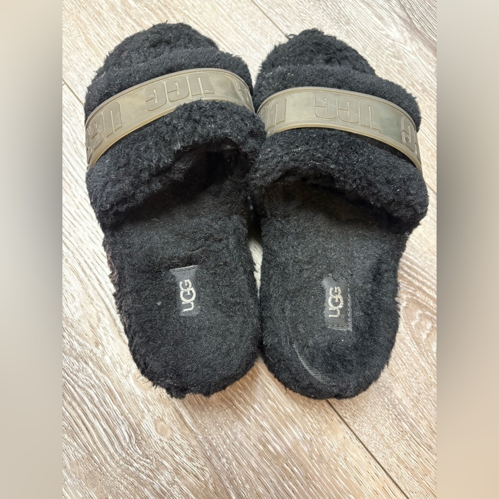 UGG Black Fuzzy Slides with Clear Sole - Picture 3 of 11